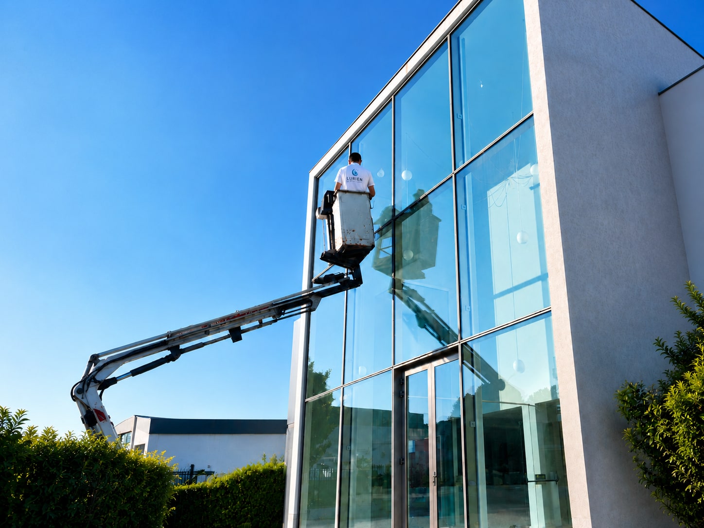 Profissional da Lurien a limpar uma fachada envidraçada com plataforma elevatória